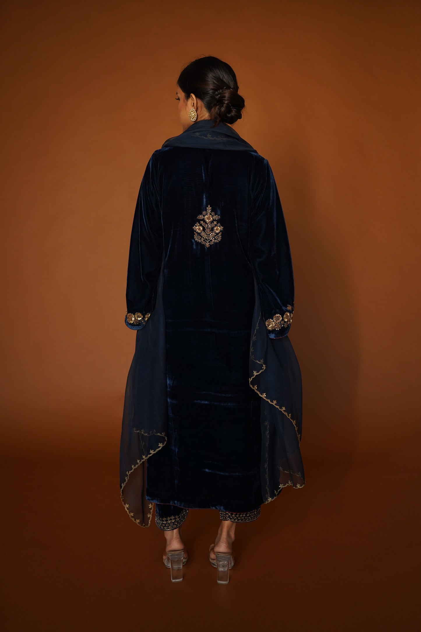 Peacock Blue Velvet A-line Kurta with Salwar & Organza Dupatta