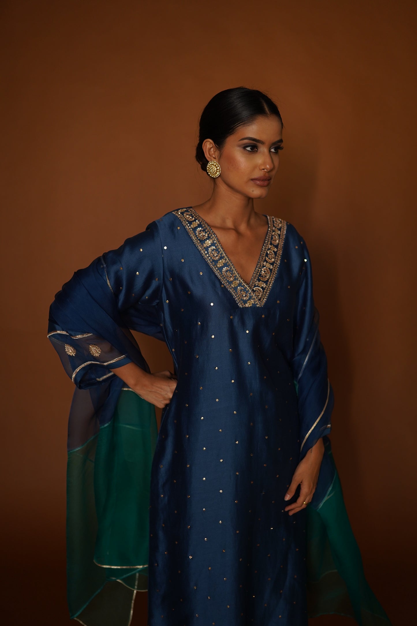 Cobalt Blue Chanderi Mukaish Kurta with Pants & Colourblock Organza Dupatta