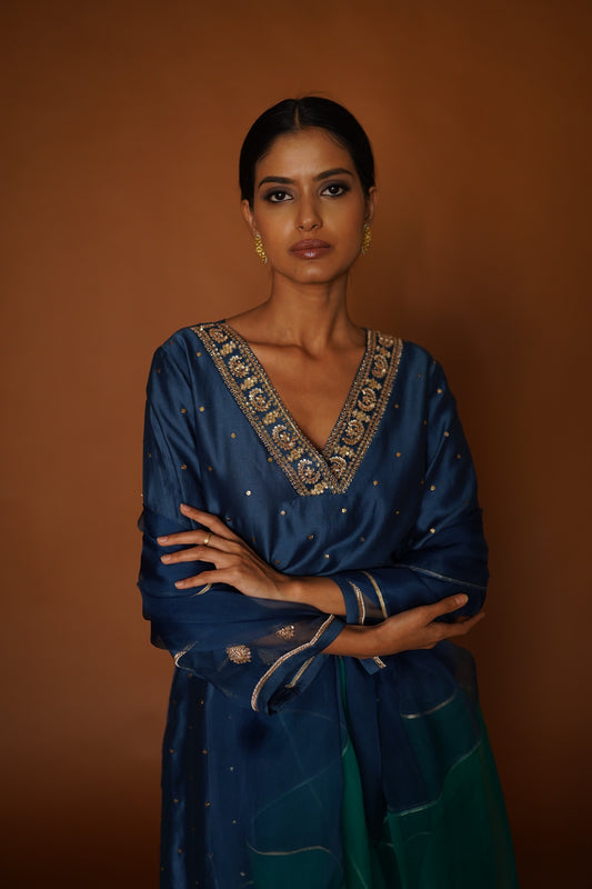 Cobalt Blue Chanderi Mukaish Kurta with Pants & Colourblock Organza Dupatta