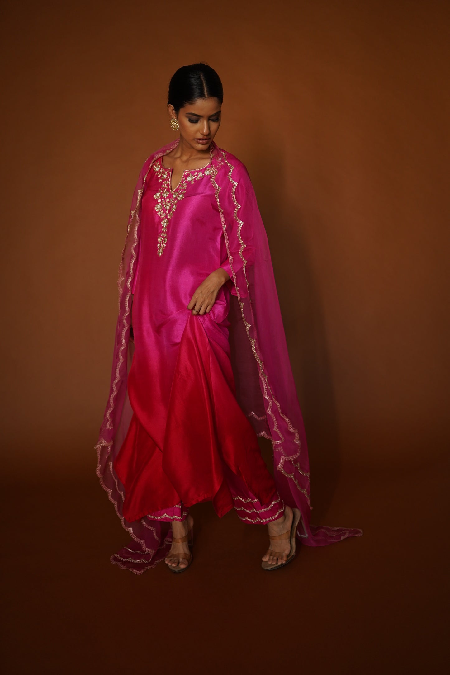 Pink & Red Ombre Assymetrical Kurta with Silk Pants & Organza Dupatta