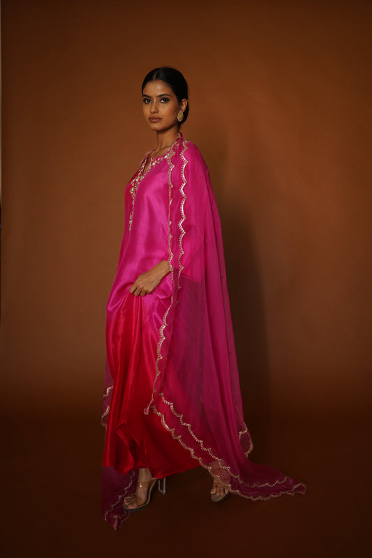 Pink & Red Ombre Assymetrical Kurta with Silk Pants & Organza Dupatta
