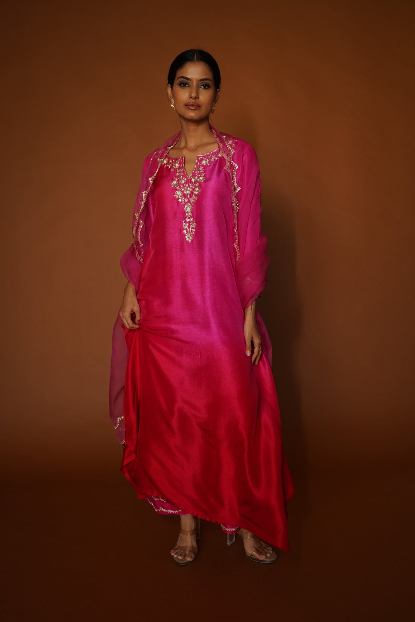 Pink & Red Ombre Assymetrical Kurta with Silk Pants & Organza Dupatta