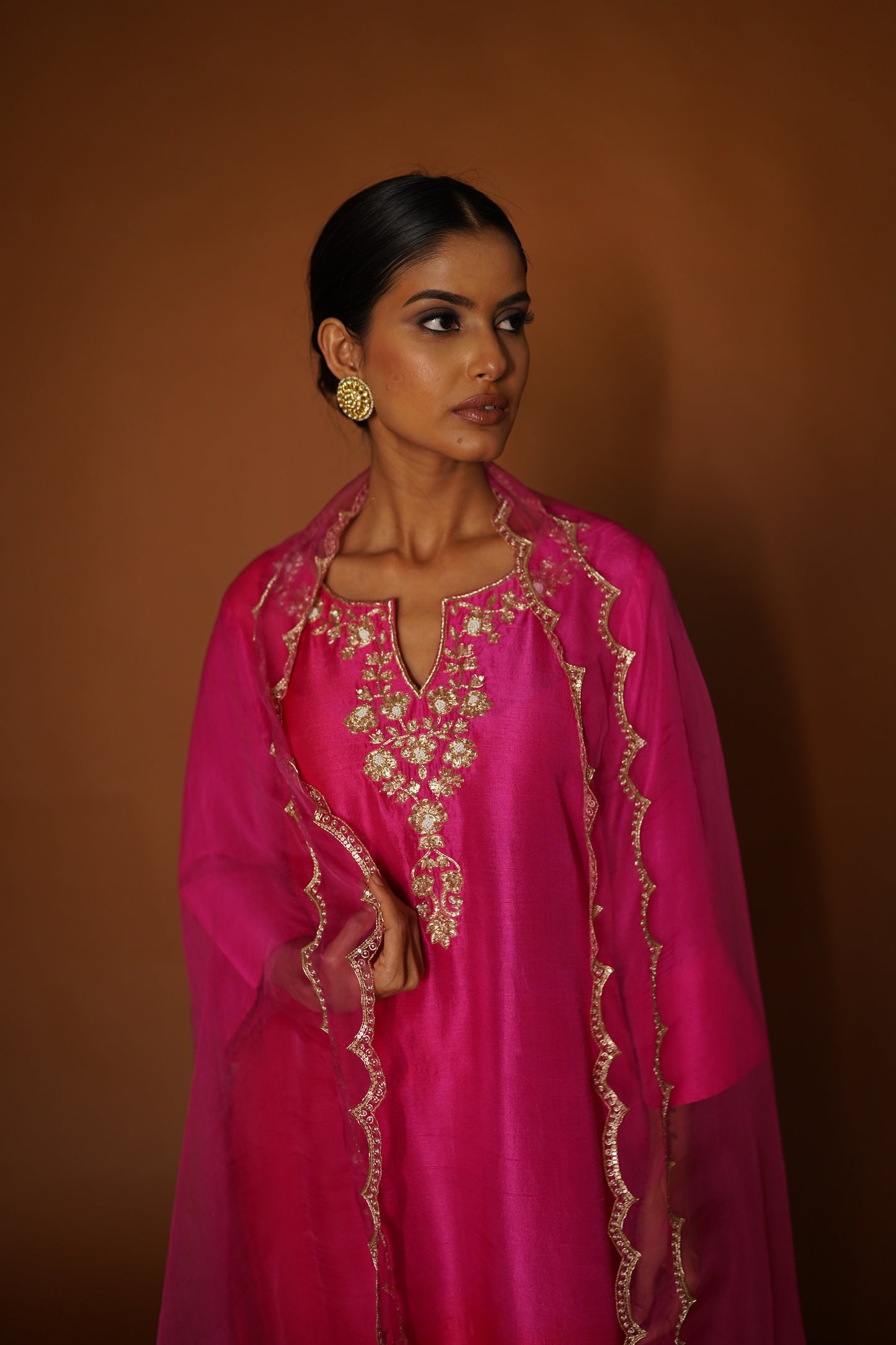 Pink & Red Ombre Assymetrical Kurta with Silk Pants & Organza Dupatta