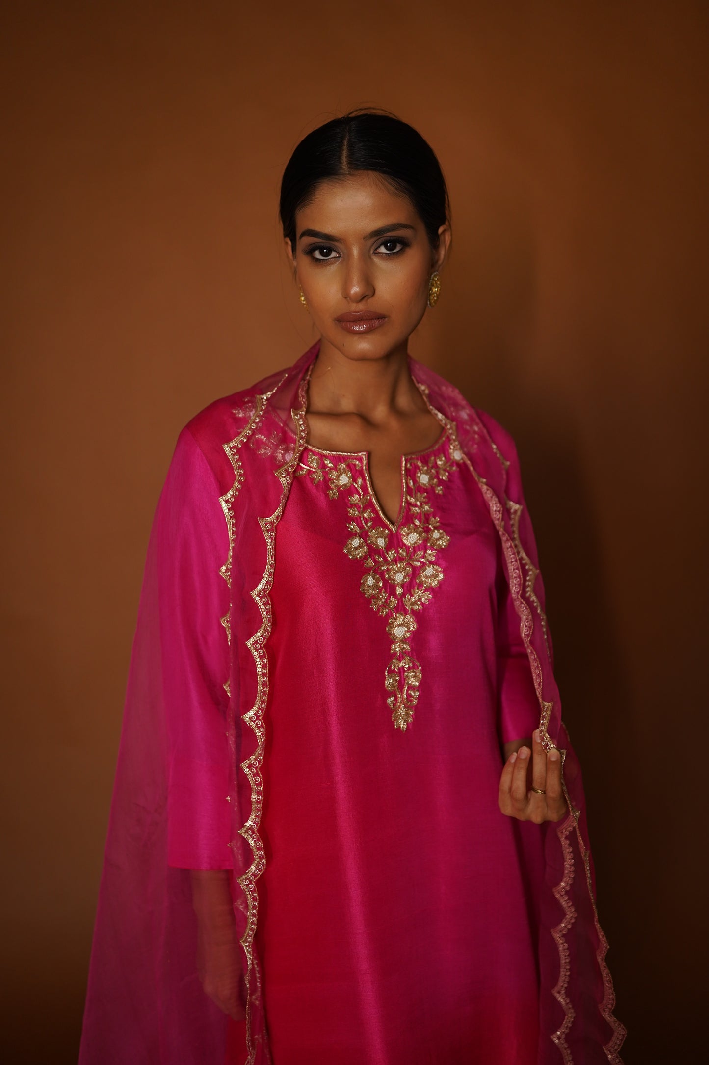Pink & Red Ombre Assymetrical Kurta with Silk Pants & Organza Dupatta