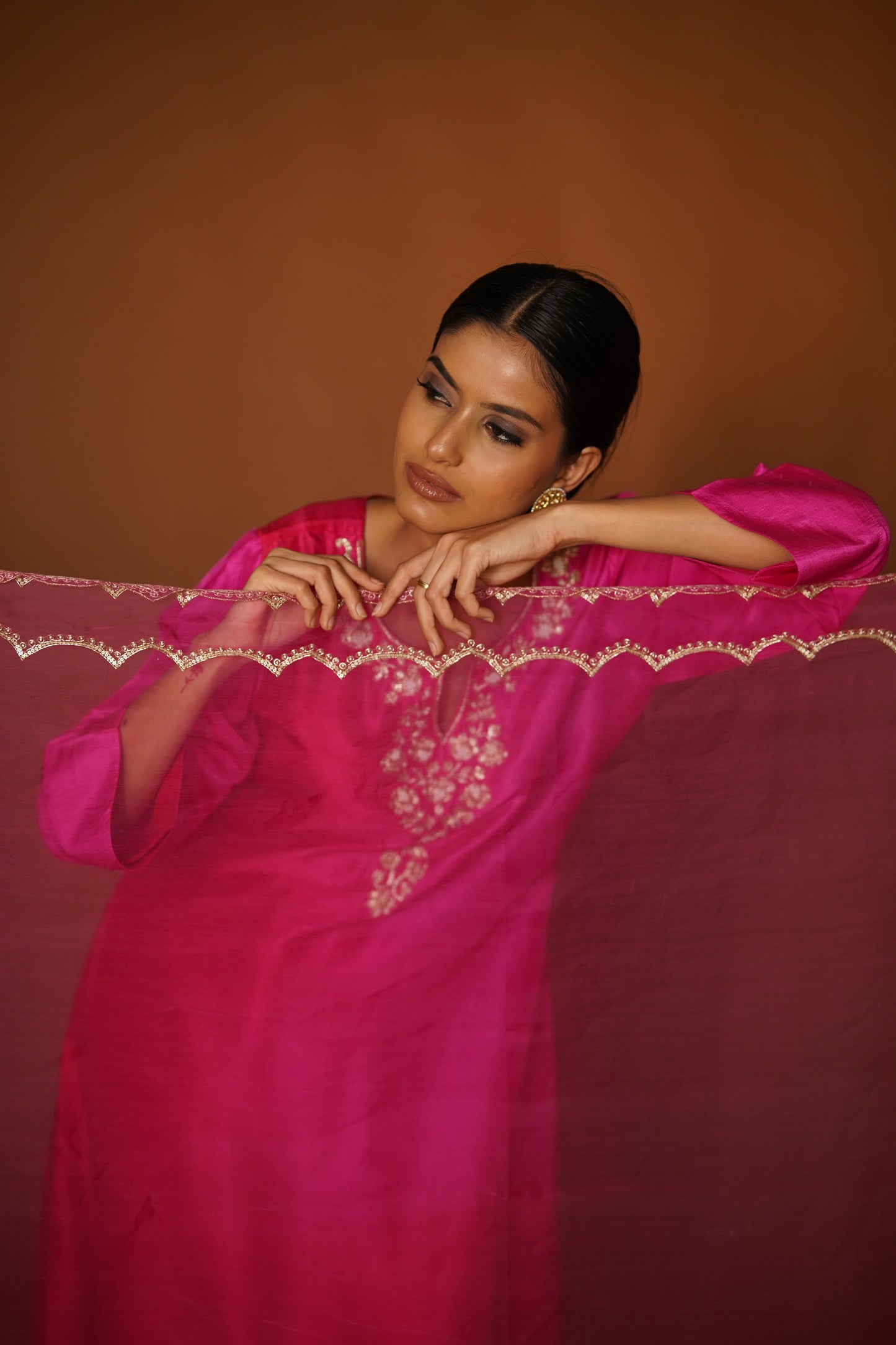 Pink & Red Ombre Assymetrical Kurta with Silk Pants & Organza Dupatta
