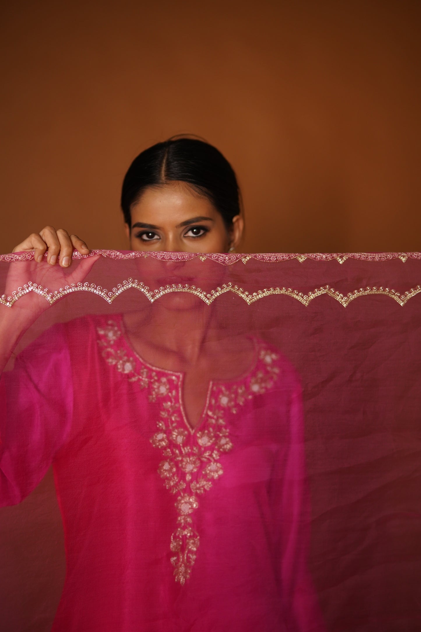 Pink & Red Ombre Assymetrical Kurta with Silk Pants & Organza Dupatta