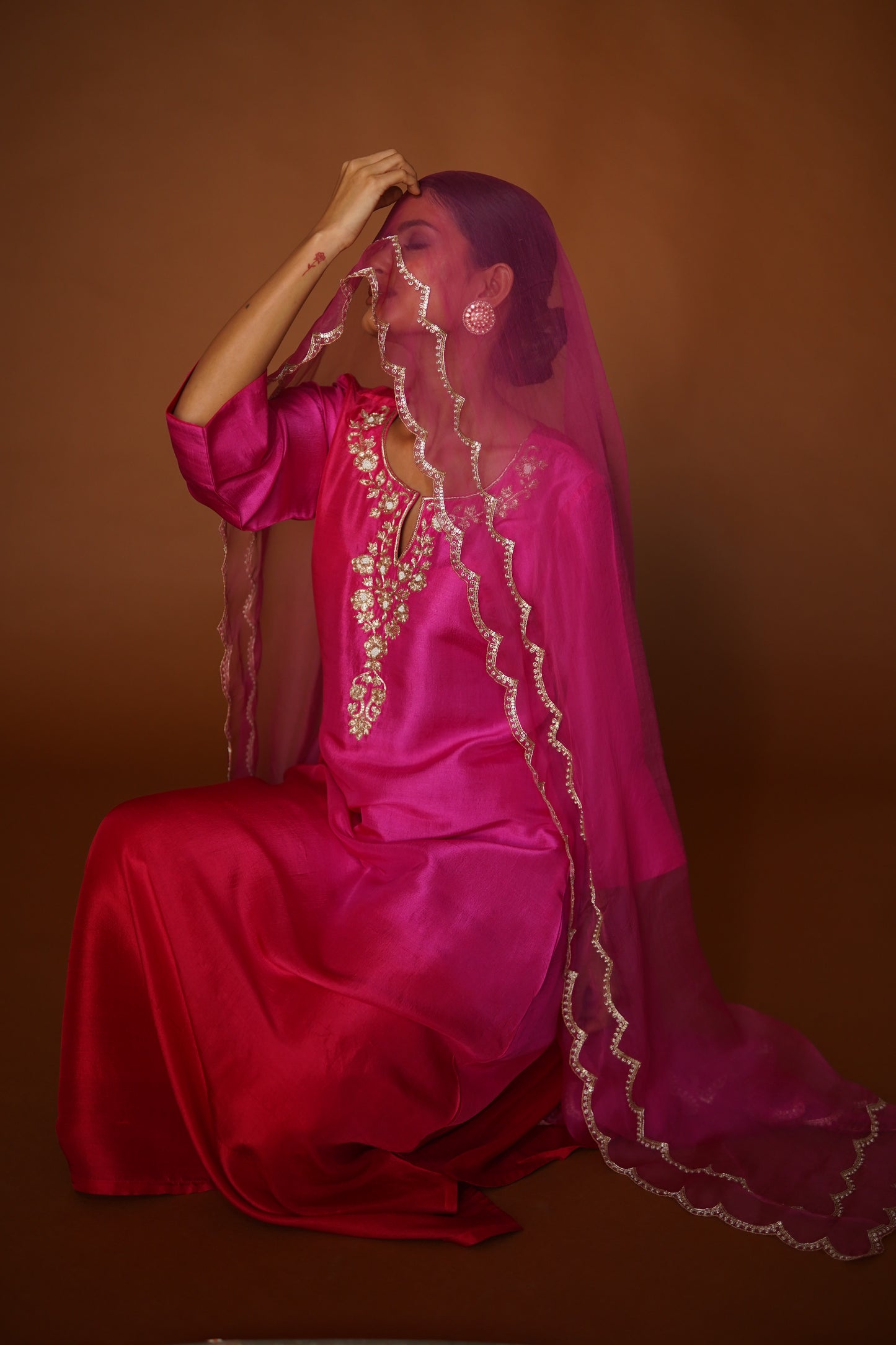 Pink & Red Ombre Assymetrical Kurta with Silk Pants & Organza Dupatta