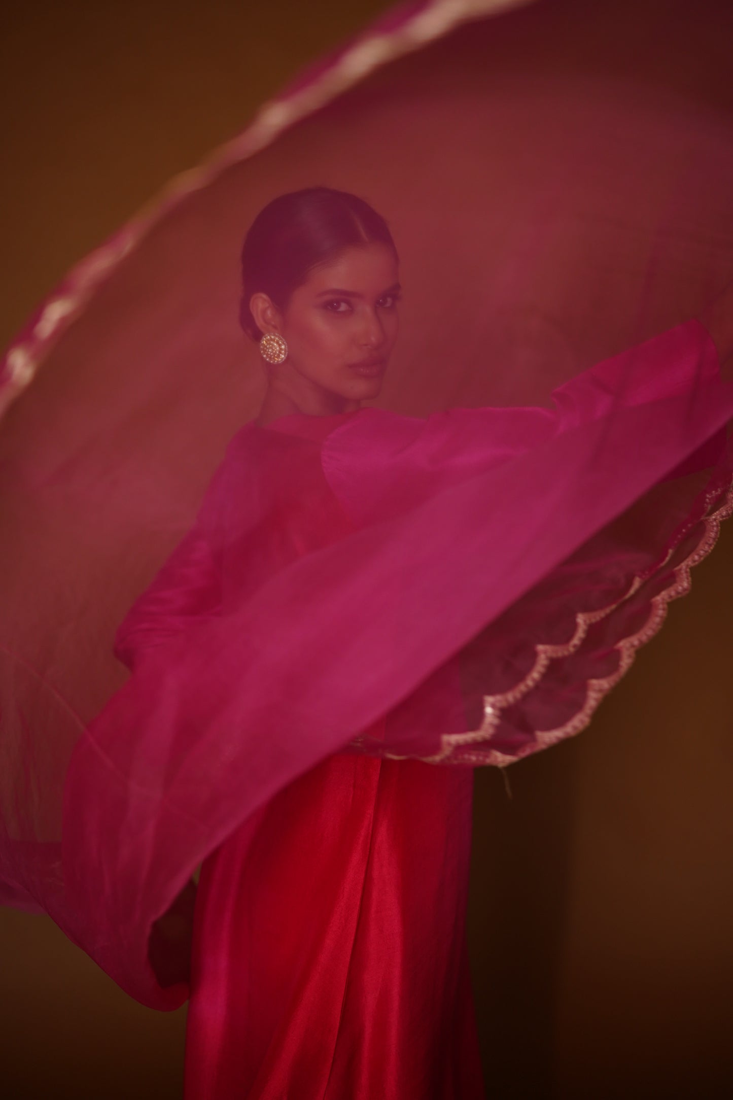 Pink & Red Ombre Assymetrical Kurta with Silk Pants & Organza Dupatta