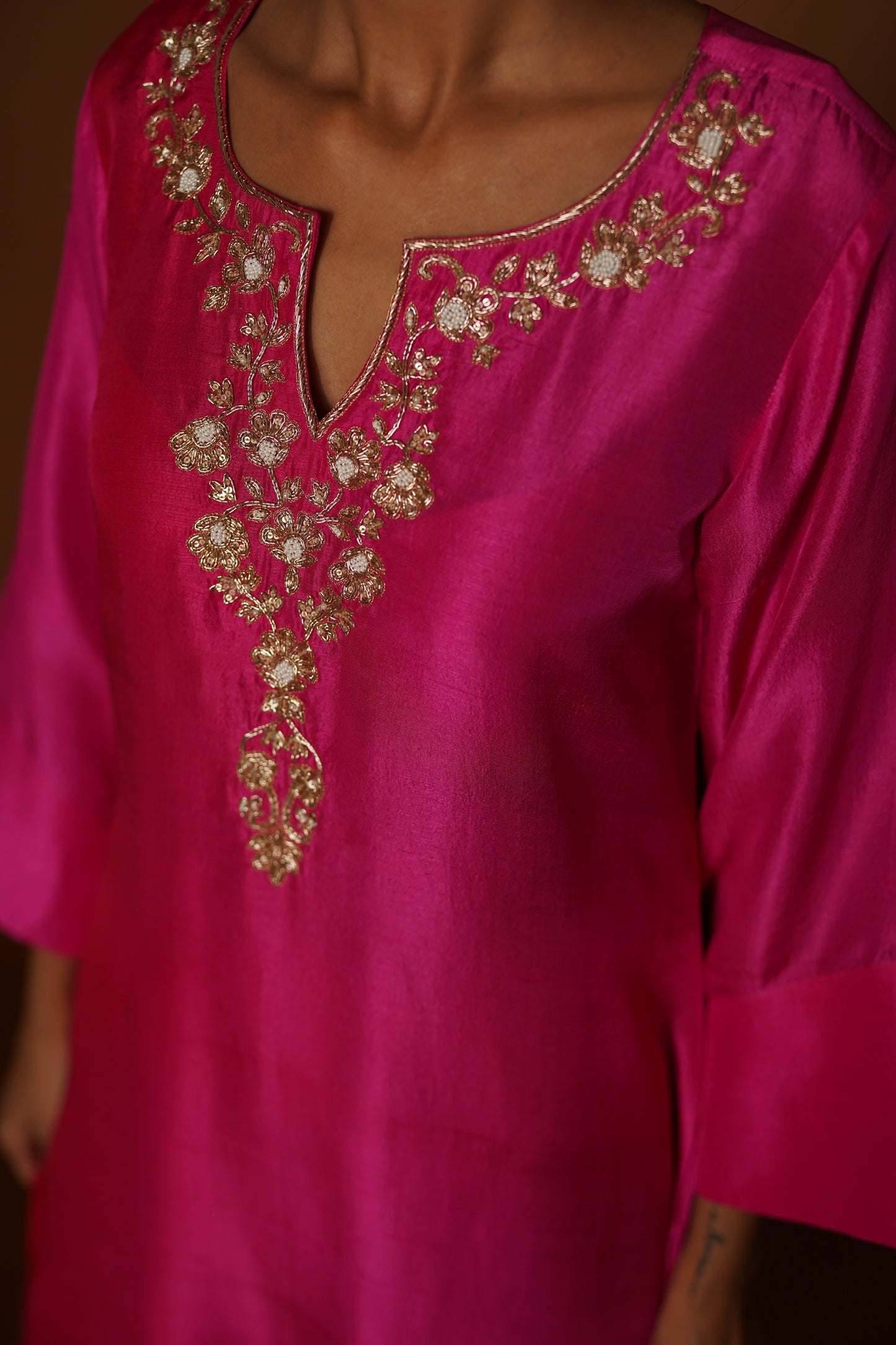 Pink & Red Ombre Assymetrical Kurta with Silk Pants & Organza Dupatta
