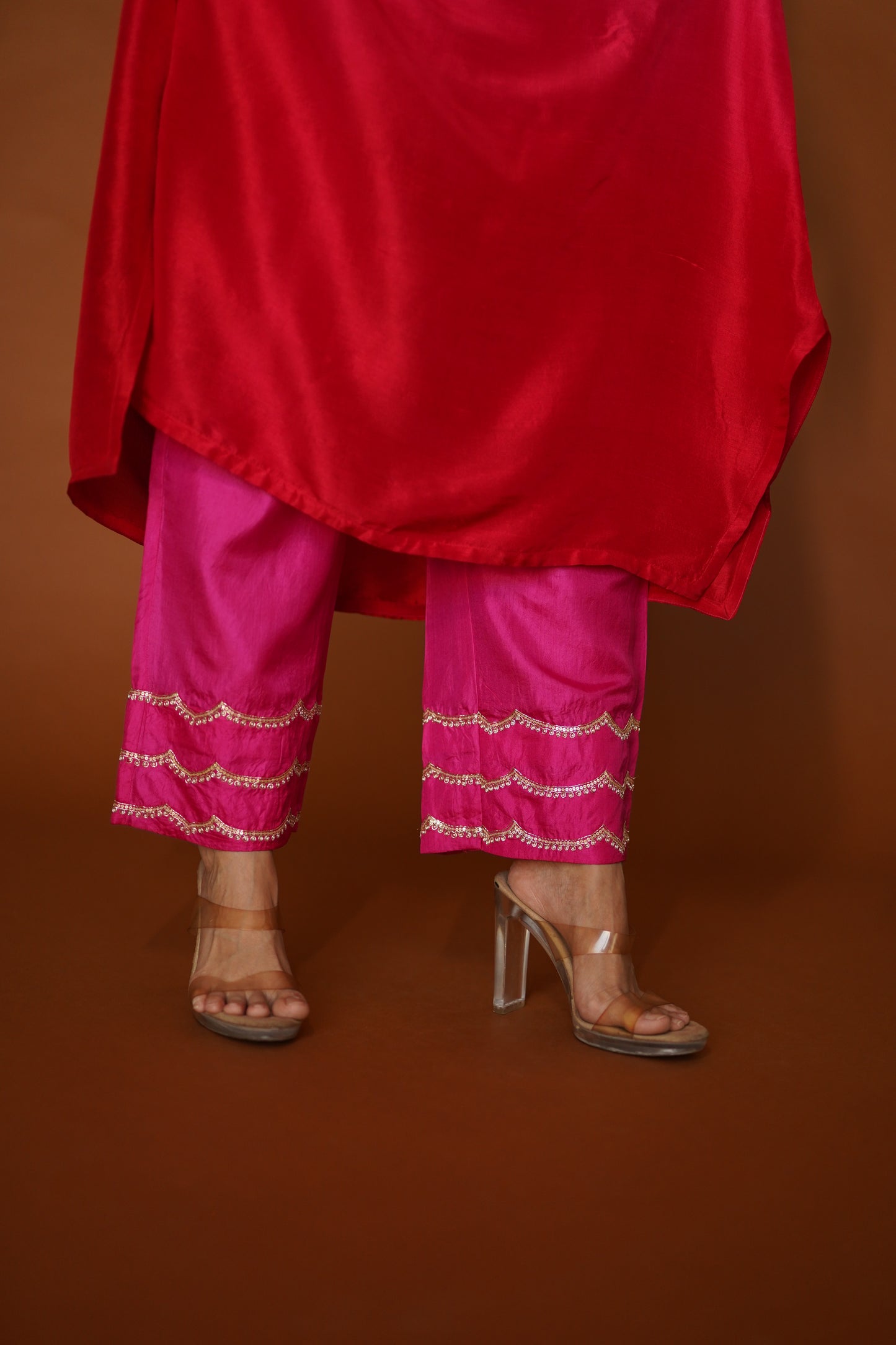 Pink & Red Ombre Assymetrical Kurta with Silk Pants & Organza Dupatta
