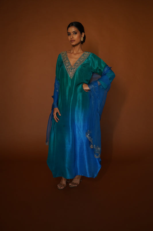 Ombre Blue Green Asymmetrical Kurta with Pants & Organza Dupatta