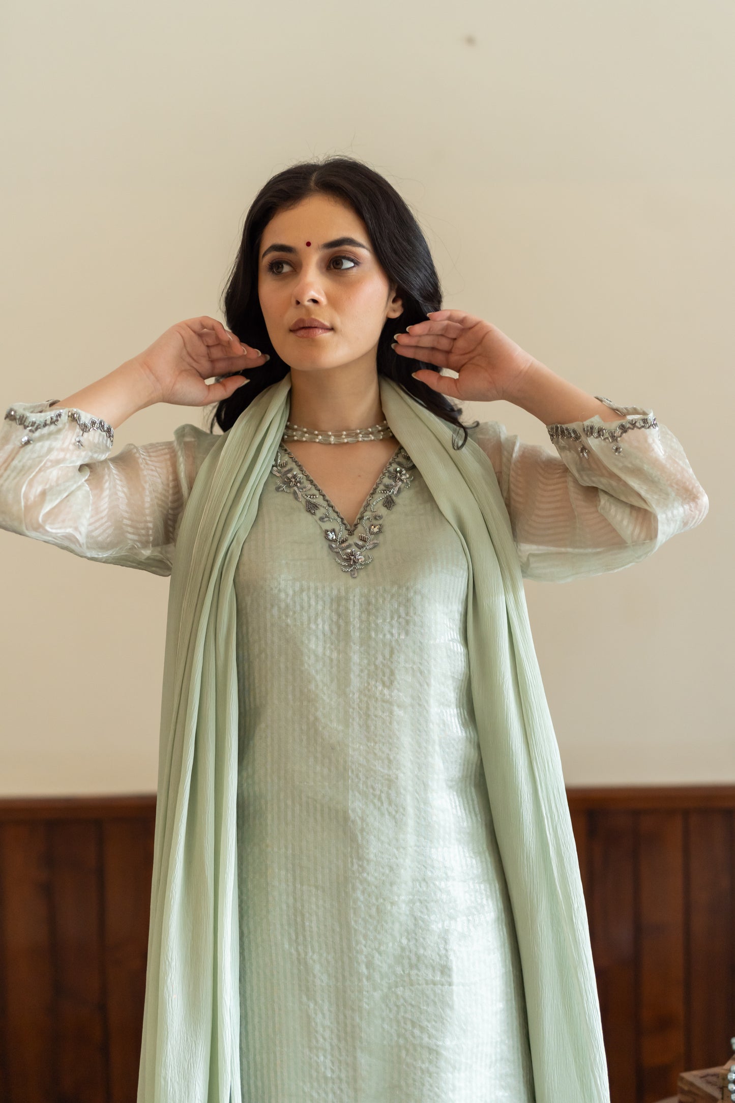 Organza striped kurta with pants and chiffon dupatta