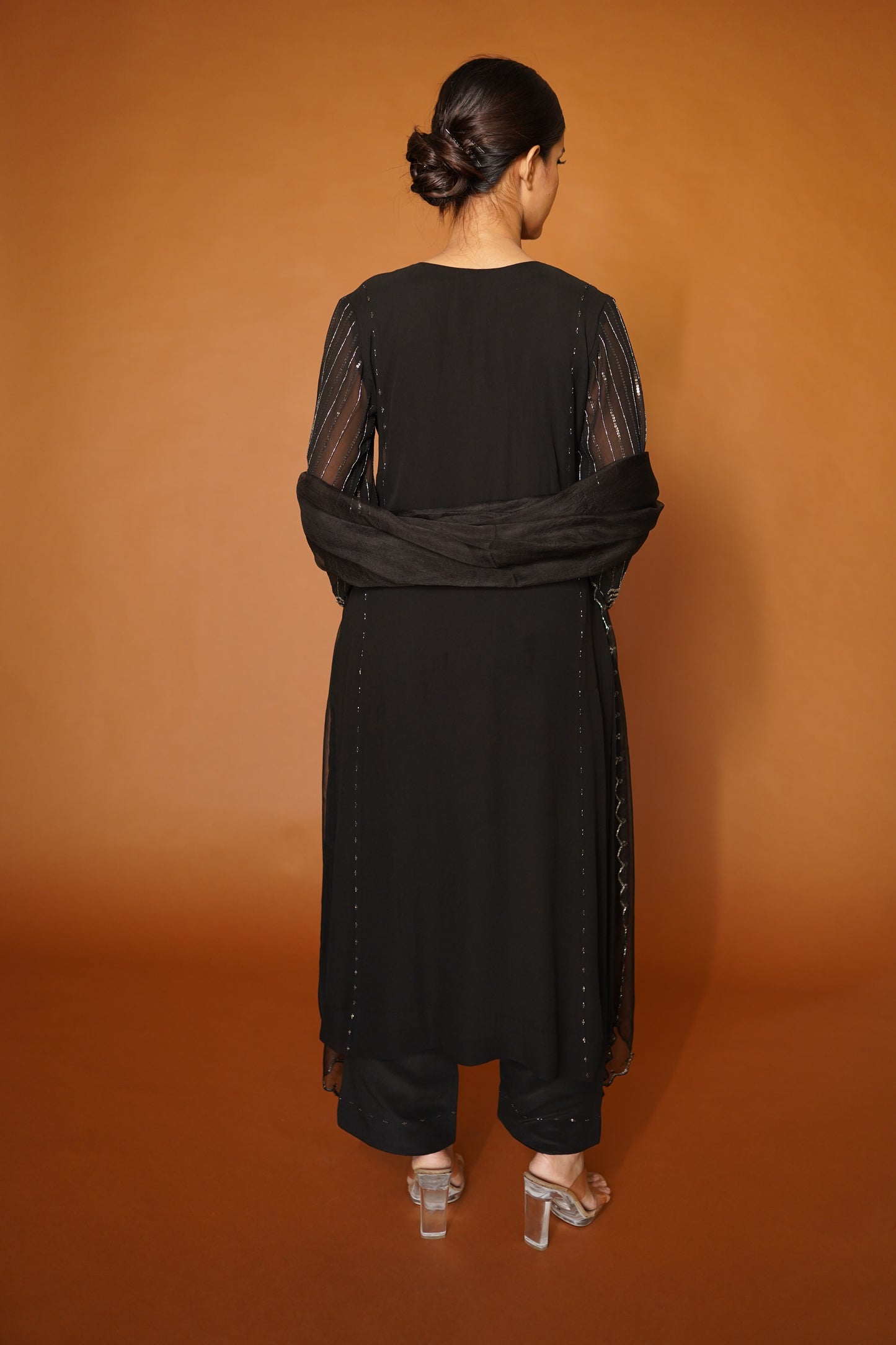 Black Georgette Kali Kurta with Pants & Organza Dupatta