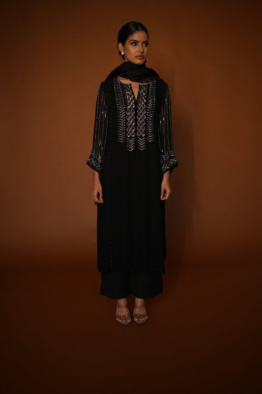 Black Georgette Kali Kurta with Pants & Organza Dupatta