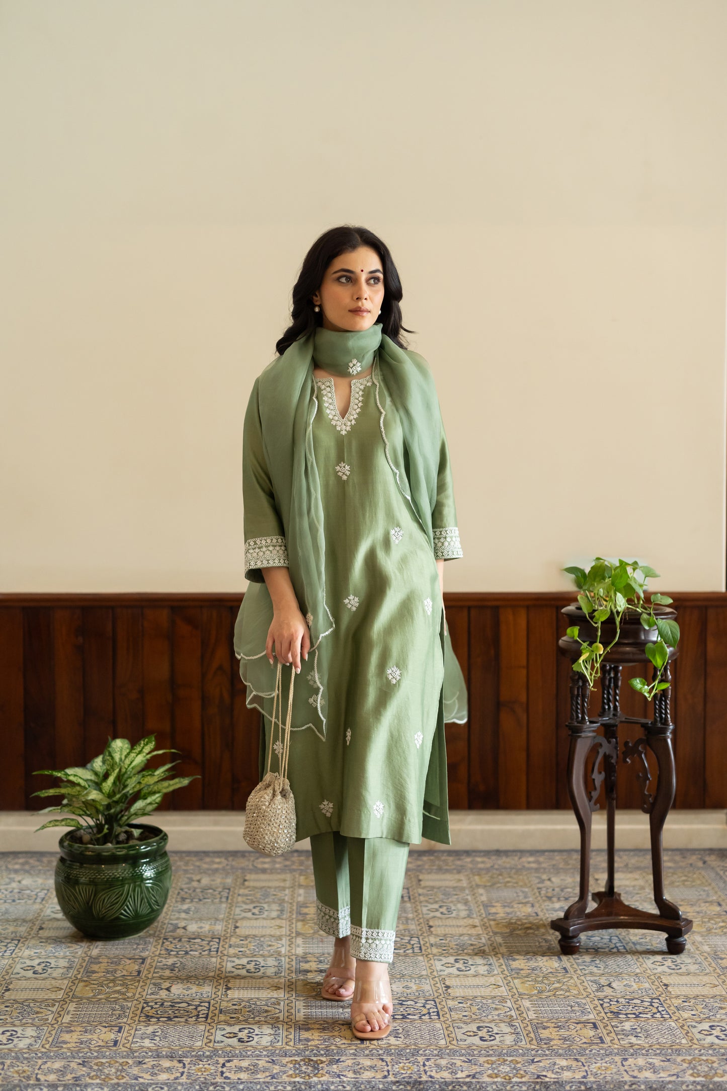 Sage green chanderi kurta with pants and organza dupatta