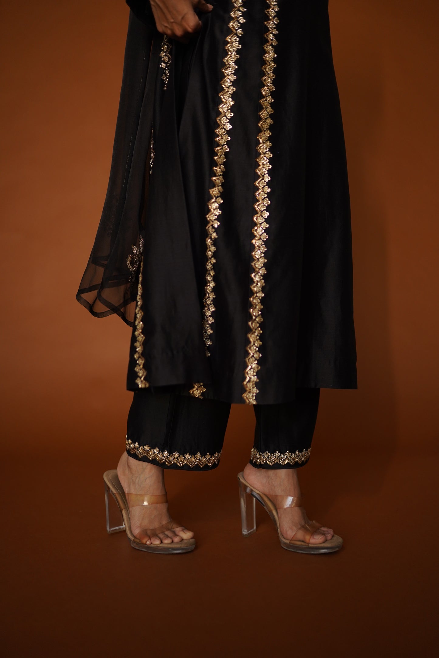 Black Patola Panel Double Kali Kurta with Pants & Organza Dupatta