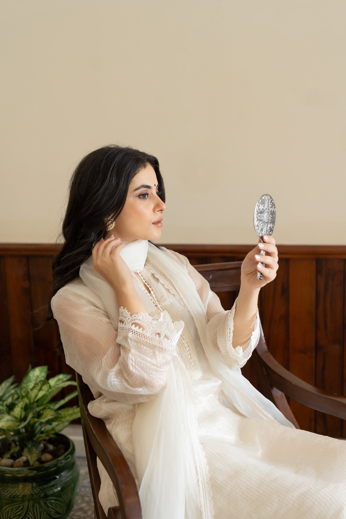 Ivory organza striped kurta with pants and organza dupatta