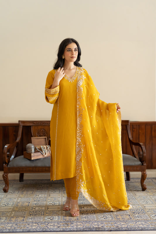 Mustard dupion silk kali kurta with churidaar and organza dupatta
