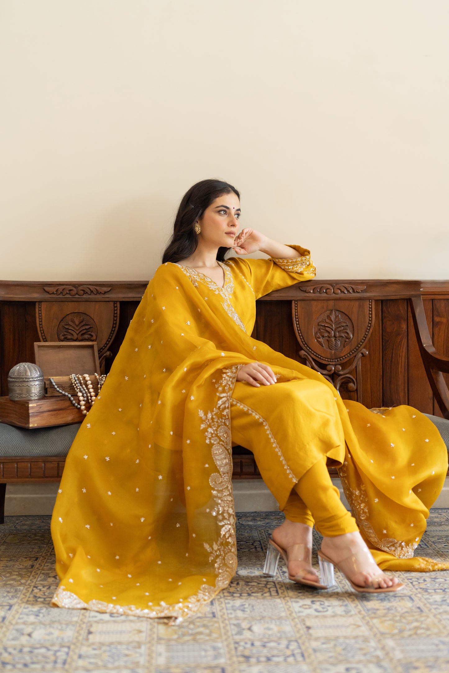 Mustard dupion silk kali kurta with churidaar and organza dupatta