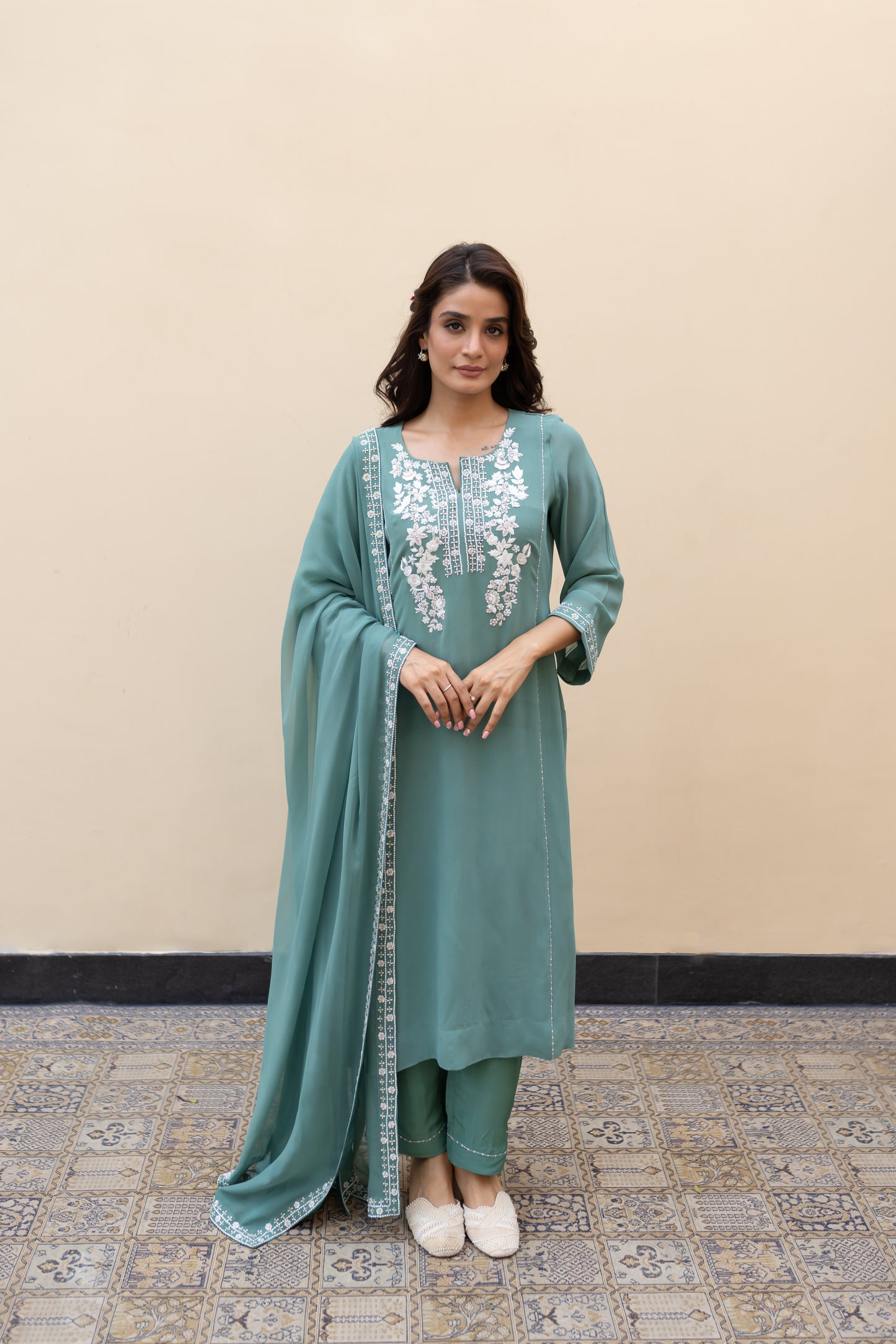 Sage green georgette kali kurta with ivory thread