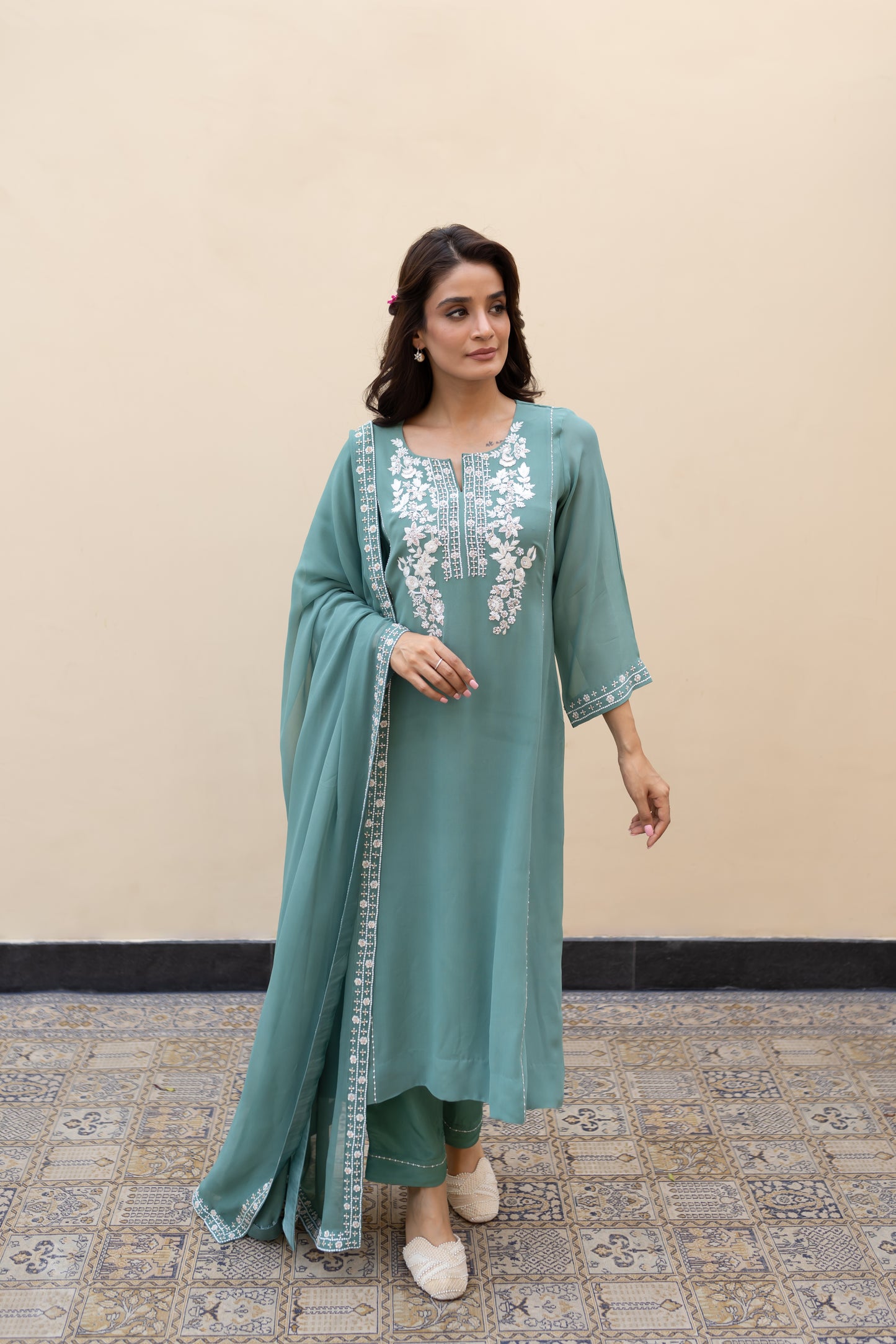 Sage green georgette kali kurta with ivory thread