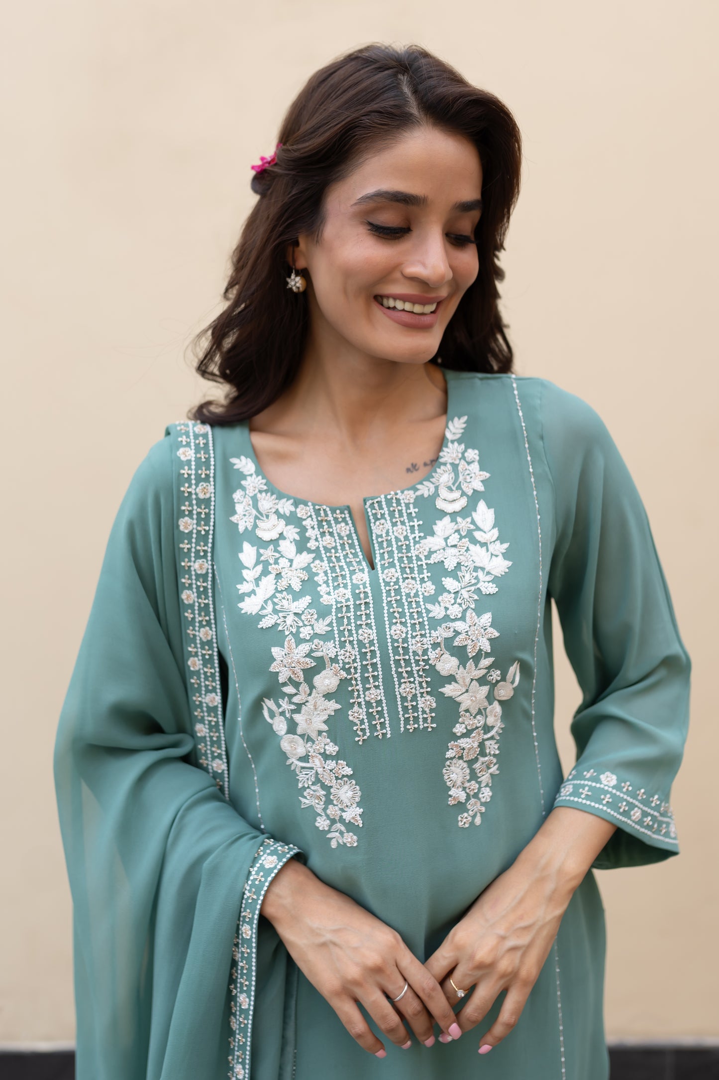 Sage green georgette kali kurta with ivory thread