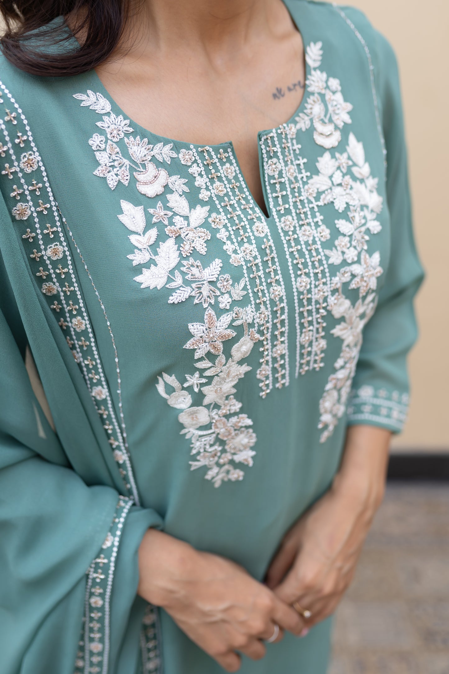 Sage green georgette kali kurta with ivory thread
