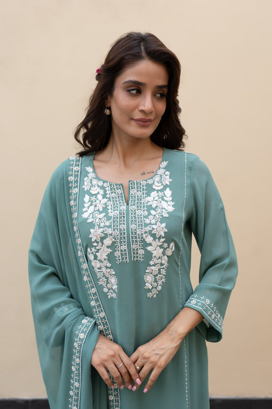 Sage green georgette kali kurta with ivory thread