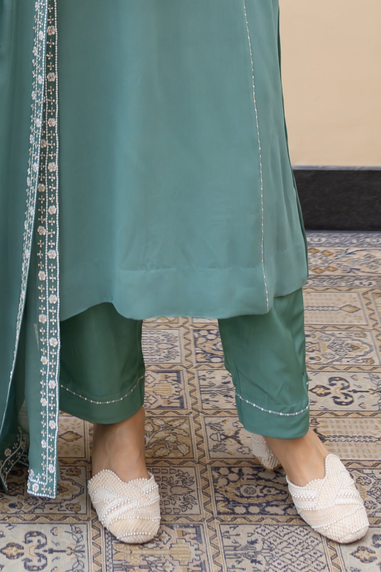 Sage green georgette kali kurta with ivory thread