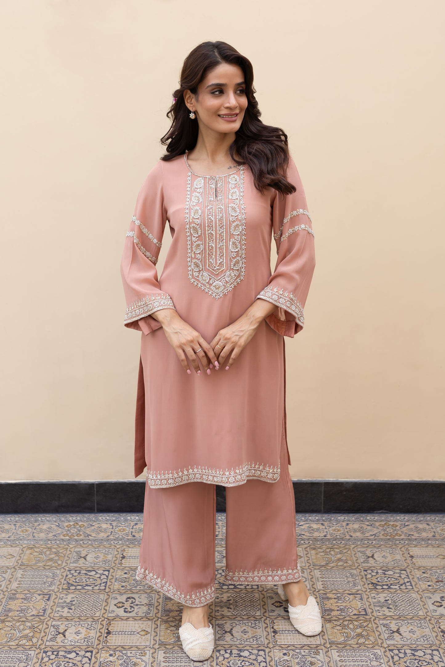 Salmon pink georgette kurta with flared sleeves