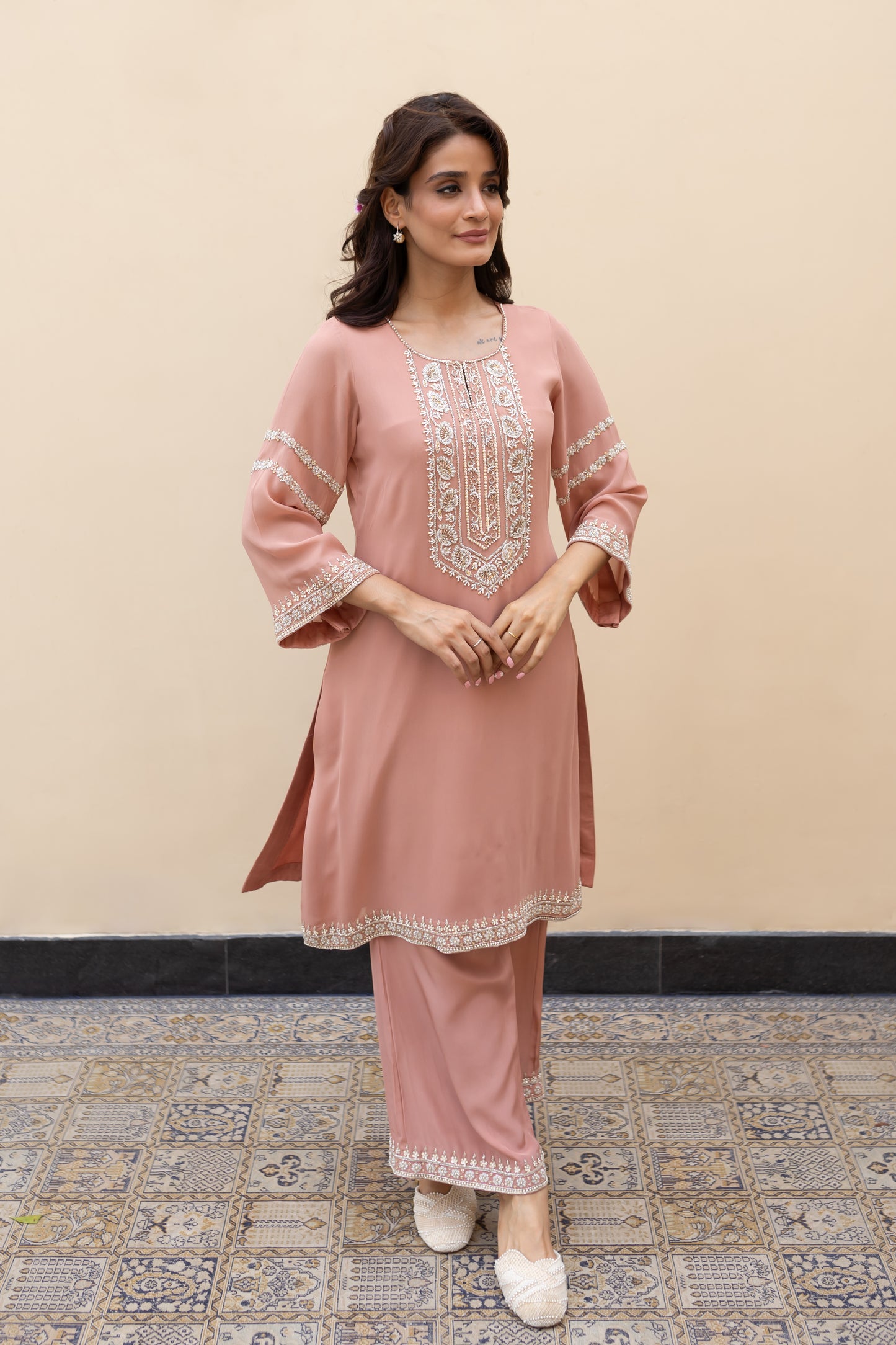 Salmon pink georgette kurta with flared sleeves