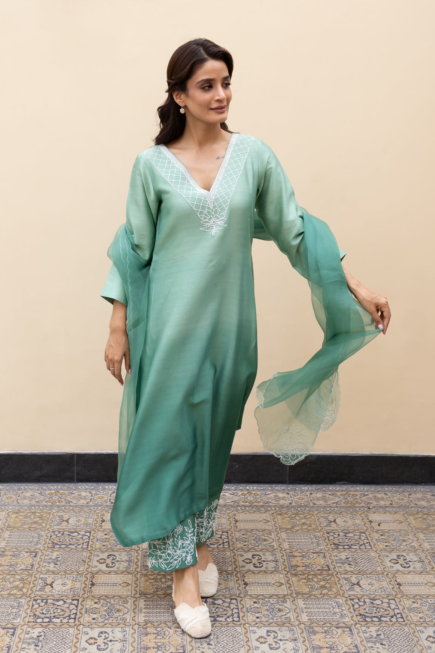 Sage green ombre Assymetrical kurta with cutdana