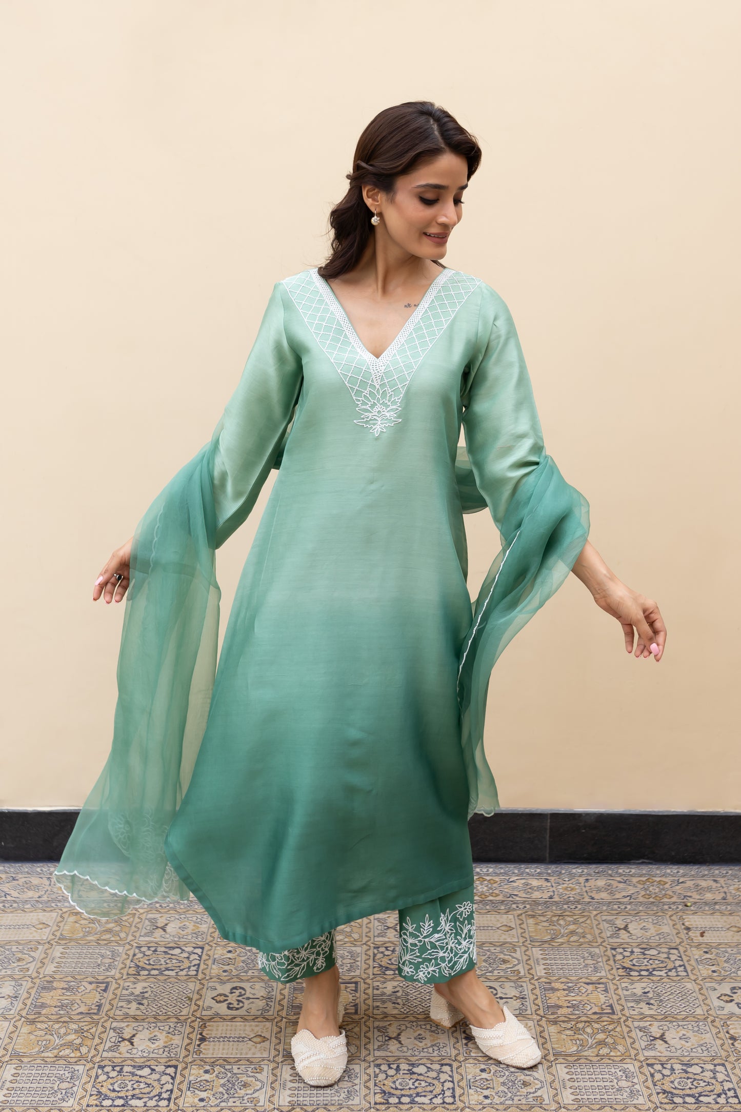 Sage green ombre Assymetrical kurta with cutdana