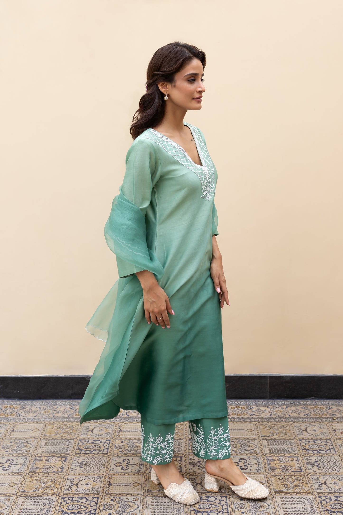 Sage green ombre Assymetrical kurta with cutdana