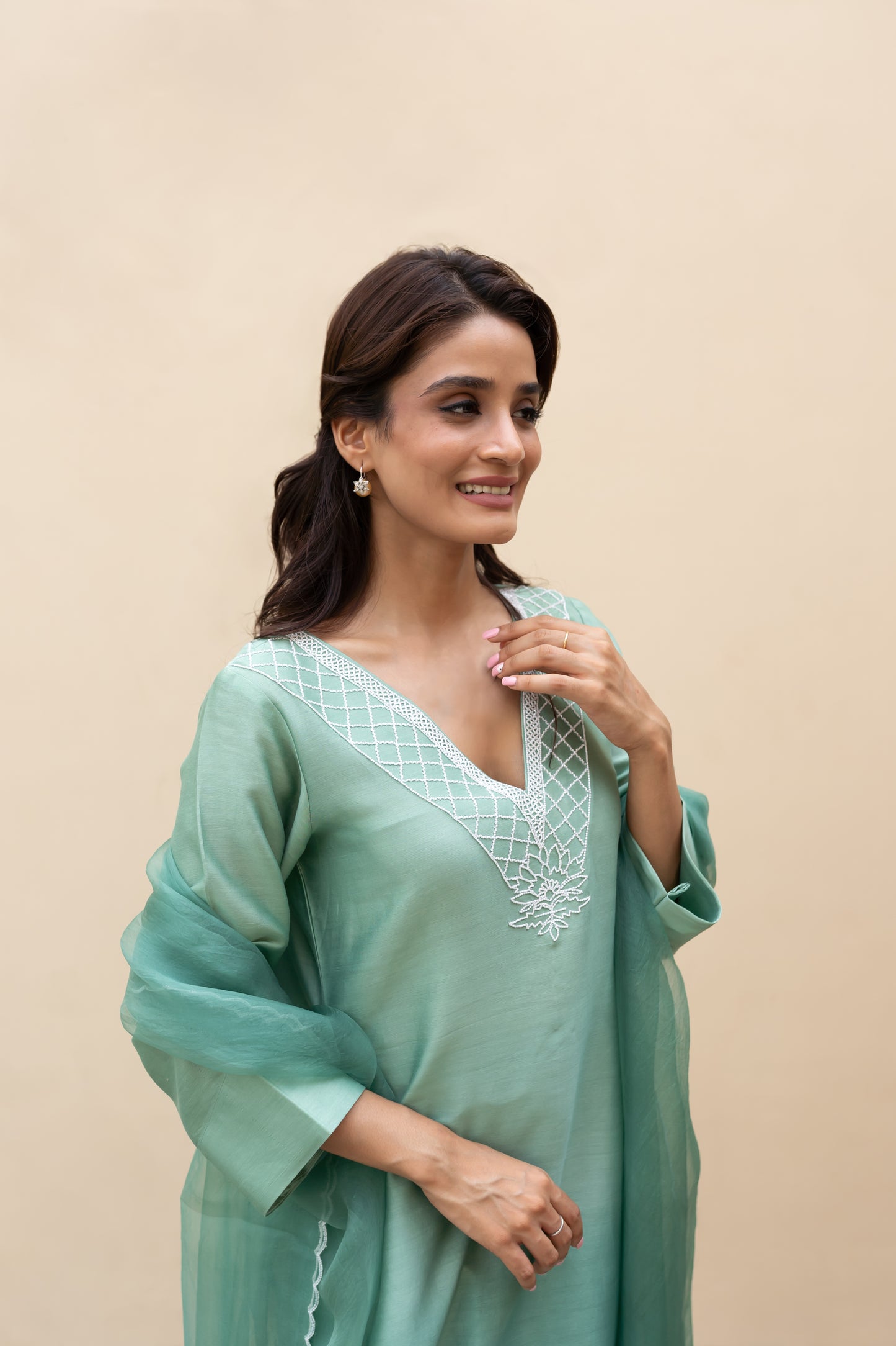 Sage green ombre Assymetrical kurta with cutdana