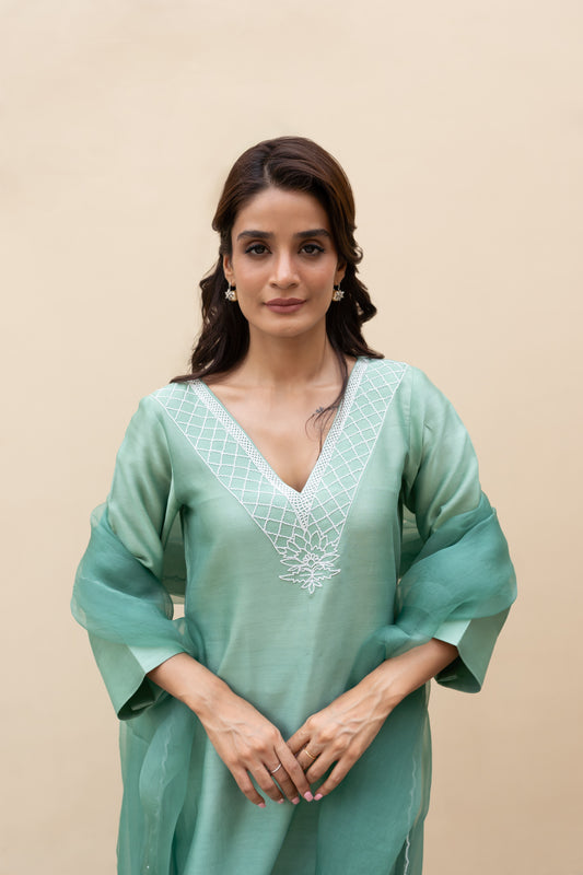 Sage green ombre Assymetrical kurta with cutdana