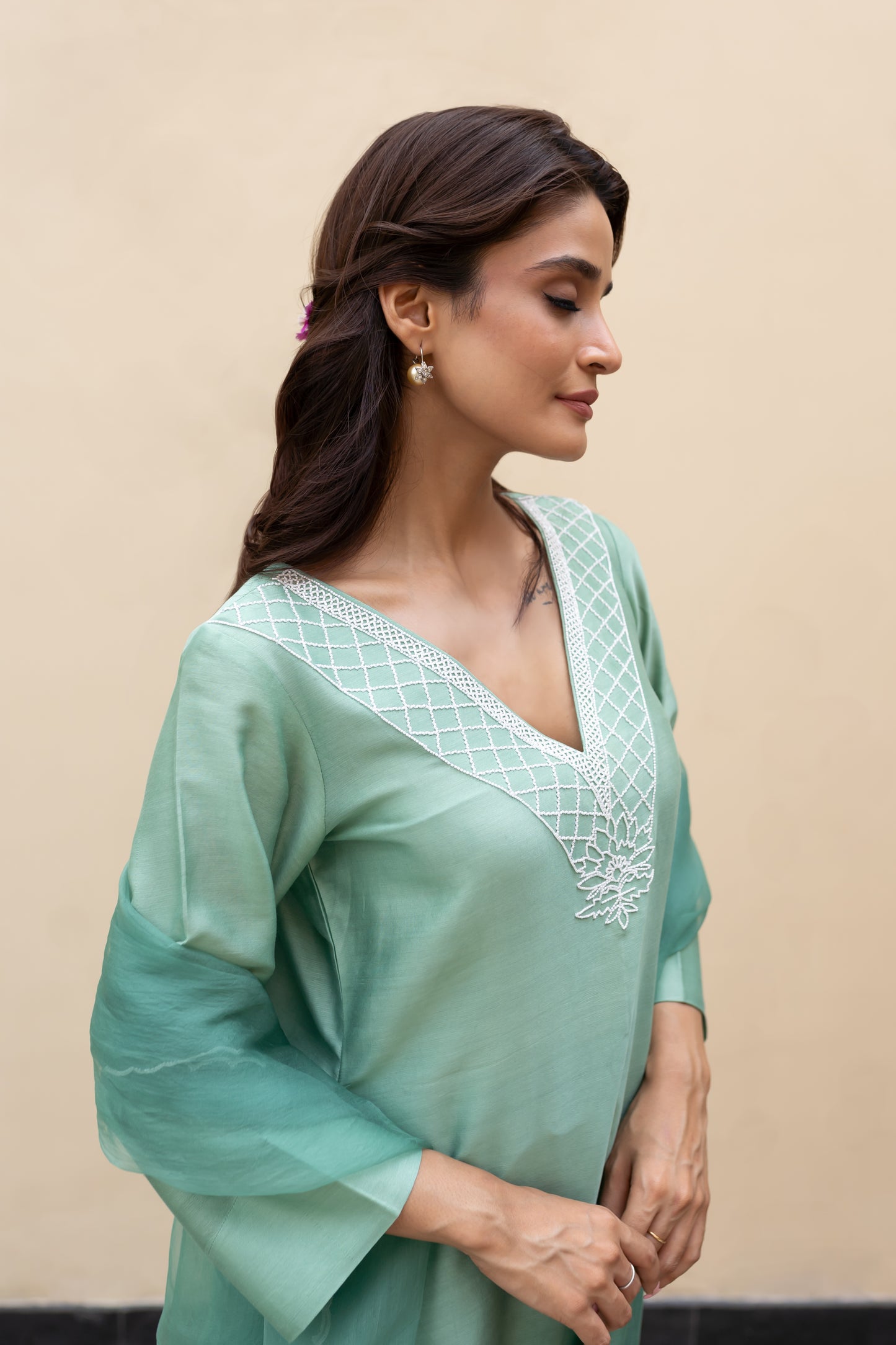 Sage green ombre Assymetrical kurta with cutdana