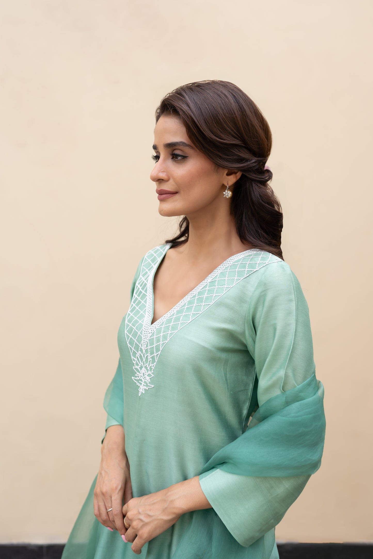 Sage green ombre Assymetrical kurta with cutdana