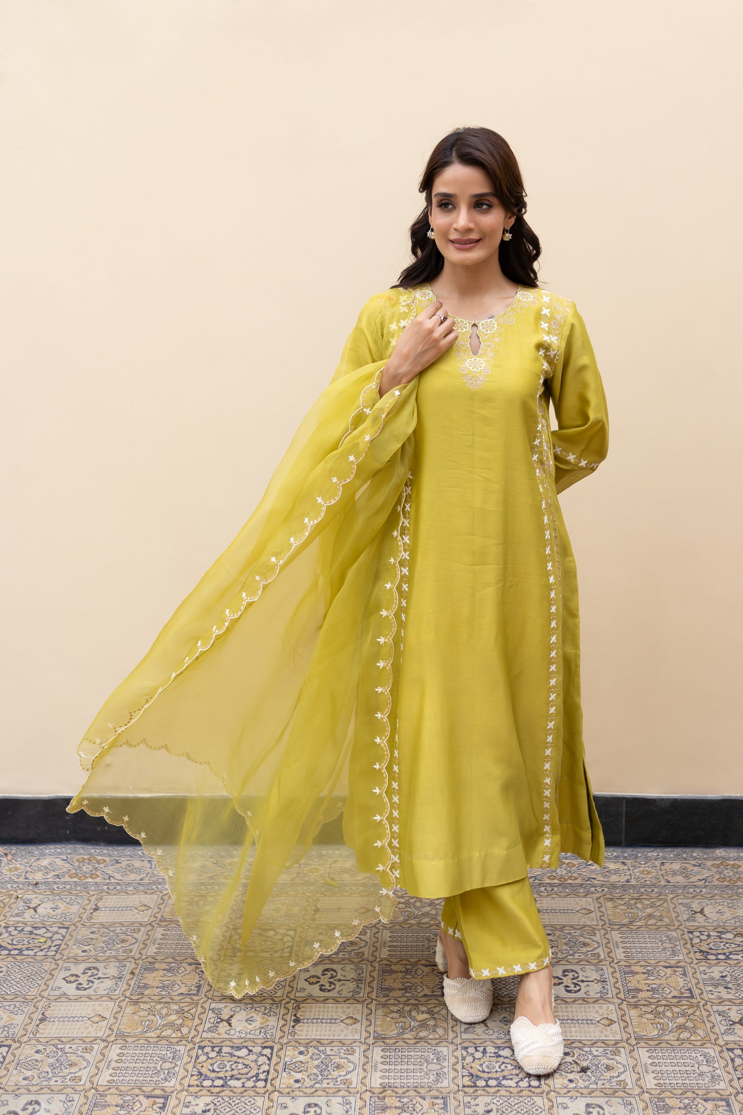 Olive green double kali kurta with mukaish kalis