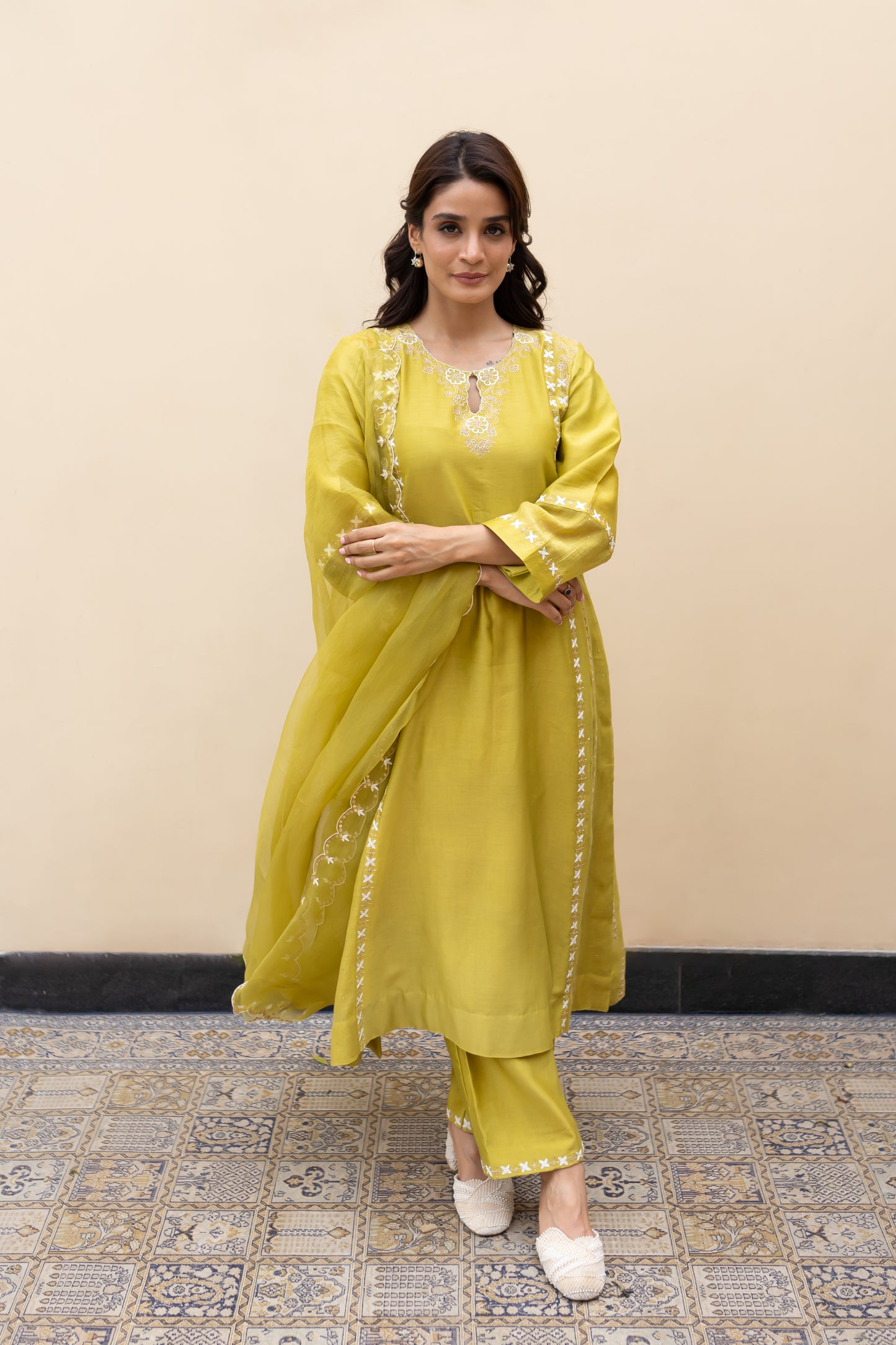 Olive green double kali kurta with mukaish kalis