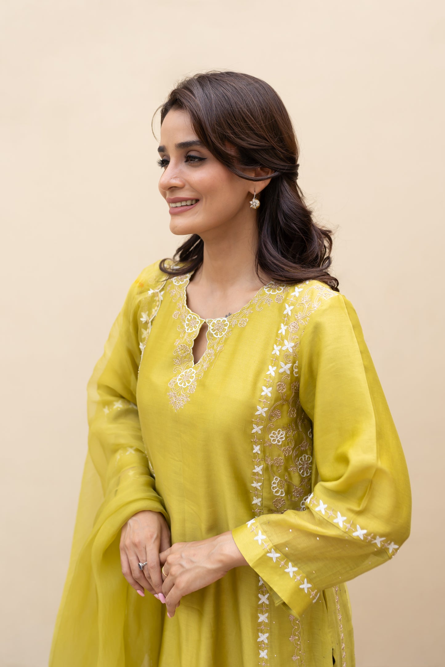 Olive green double kali kurta with mukaish kalis