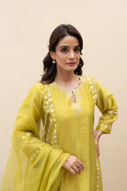 Olive green double kali kurta with mukaish kalis