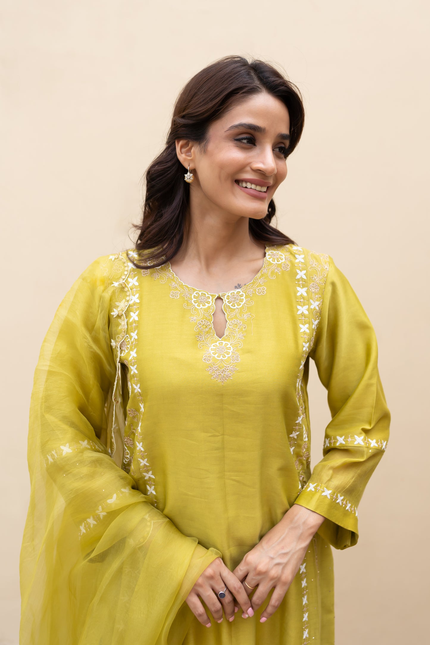 Olive green double kali kurta with mukaish kalis