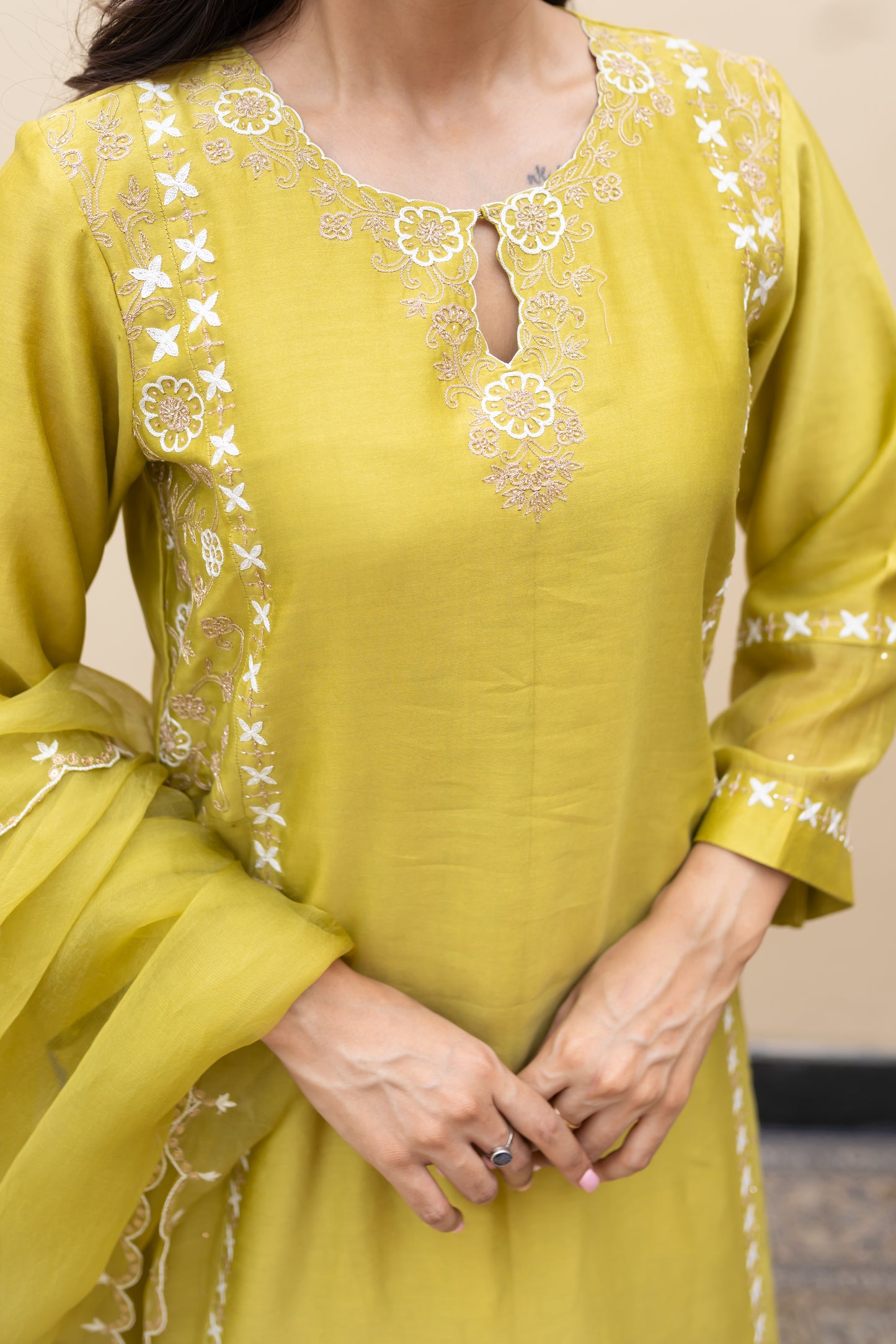 Olive green double kali kurta with mukaish kalis
