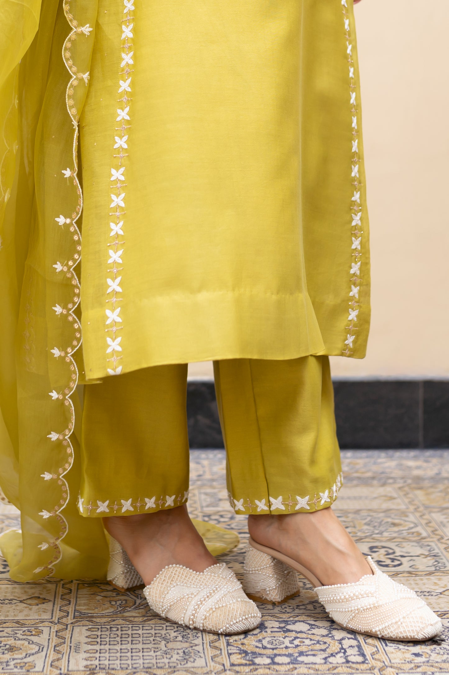Olive green double kali kurta with mukaish kalis