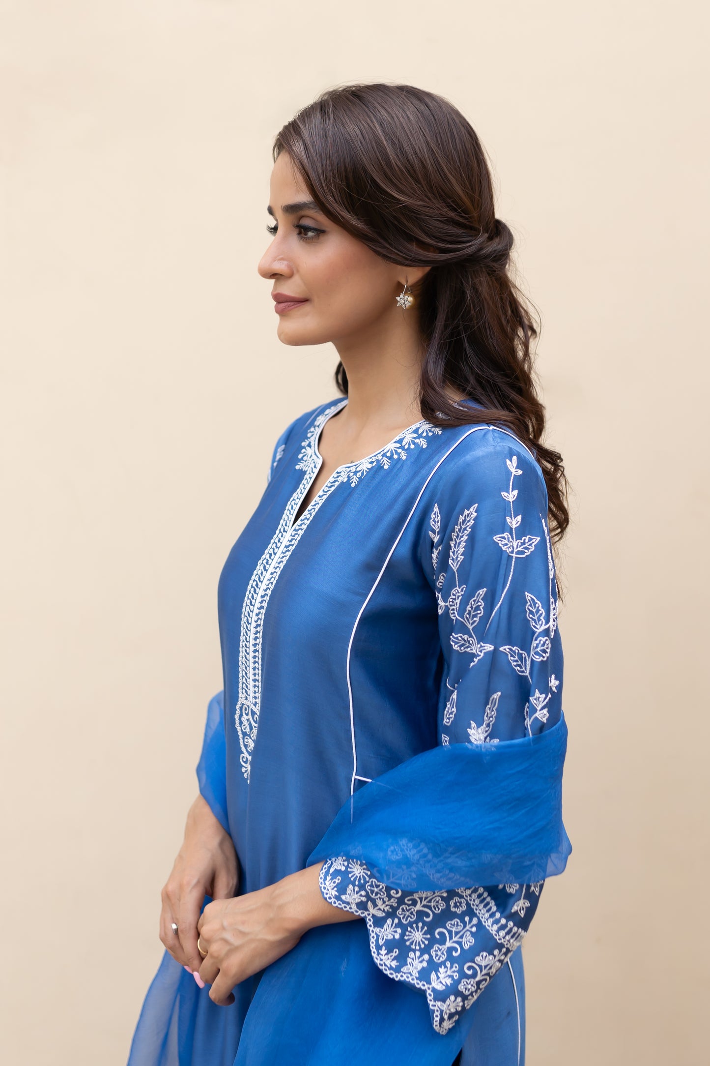 Moroccon Blue kali kurta with Aari work
