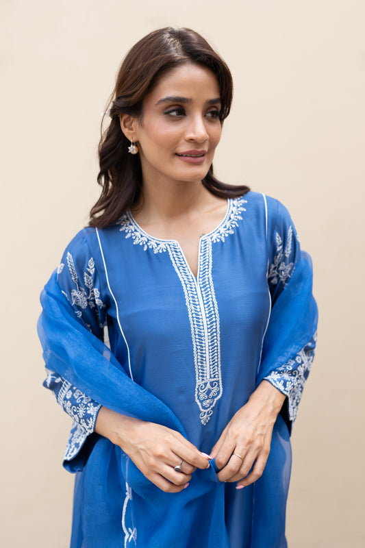 Moroccon Blue kali kurta with Aari work