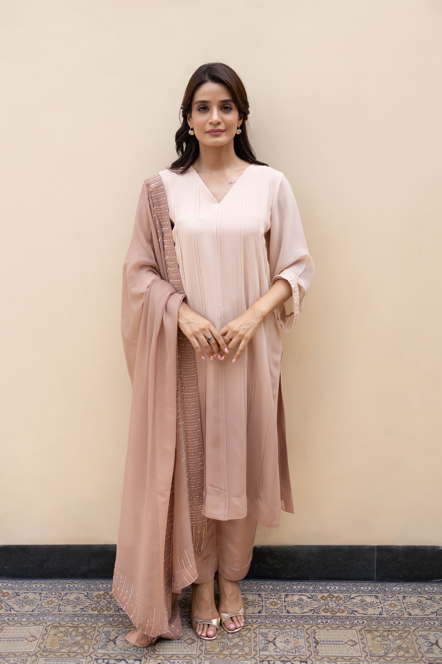 Pastel Brown Ombre Georgette kurta with pintucks