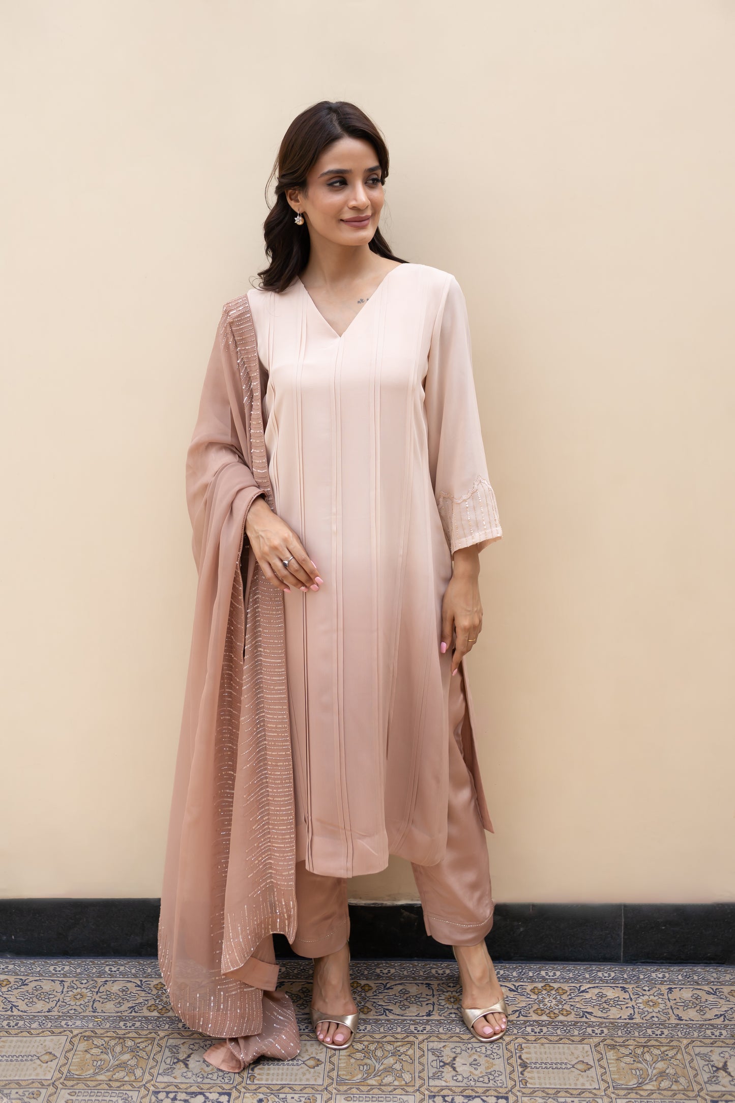 Pastel Brown Ombre Georgette kurta with pintucks