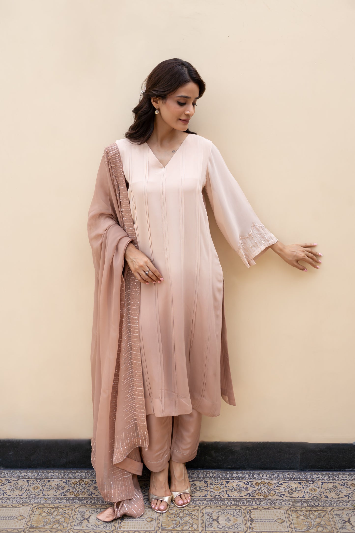 Pastel Brown Ombre Georgette kurta with pintucks